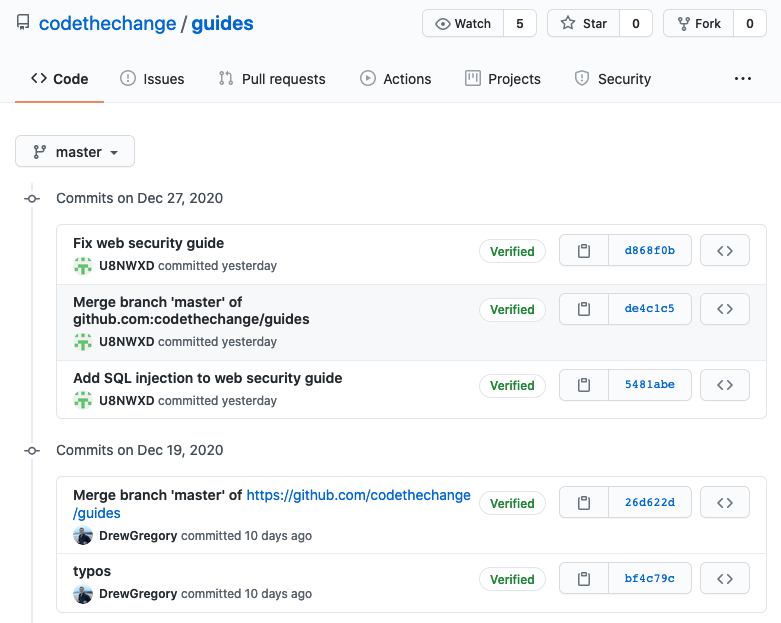 A screenshot of github.com showing a "Verified" label next to each commit in the Code the Change guides repository.